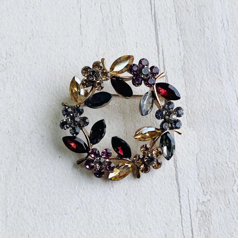 Flower and Leaf Rhinestone Brooch - Round Garland Autumn Colours